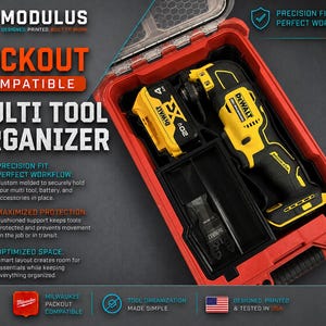 May include: A red plastic tool organiser insert for a Milwaukee Packout case, featuring custom-moulded compartments holding a yellow and black DeWalt oscillating multi-tool, a 20V battery, and a metal blade. Text includes Modulus and Packout Compatible.