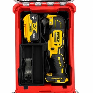 May include: A DeWalt 20V XR brushless oscillating multi-tool kit housed in a red hard-shell case. The set includes a yellow and black cordless tool, a 4Ah battery, and a metal cutting blade, all organized within a custom-molded black interior tray.