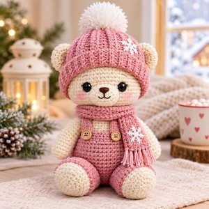 Crochet Teddy Bear Pattern PDF – Mini Amigurumi Bear with Pink Winter Outfit, Cute Plush Toy Tutorial, Nursery Decor & Baby Shower Gift