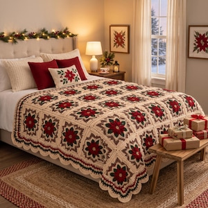 May include: A cream-colored crochet blanket featuring a repeating pattern of red and green poinsettia flower motifs. The blanket has a scalloped edge and covers a bed with red and cream pillows, including one rectangular pillow with a poinsettia.