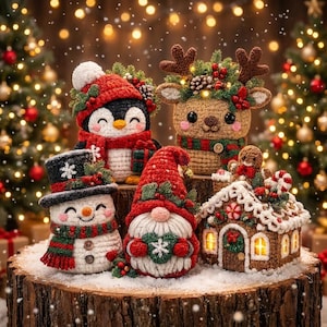 May include: A collection of five crocheted Christmas figures including a penguin in a red hat, a reindeer with antlers, a snowman in a top hat, a gnome holding a heart, and a gingerbread house, all arranged on a wooden log surface.