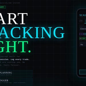 以下が含まれることがあります： 外国為替取引アプリのデジタル広告。「START TRACKING RIGHT」の文字が白、ティール、緑色で表示されています。スマートフォンには、通貨ペアデータと取引オプションを示すアプリのインターフェースが表示されています。