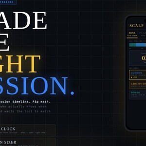 Może przedstawiać: Grafika cyfrowa z tekstem "TRADE THE RIGHT SESSION" w kolorze białym, żółtym i niebieskim. Smartfon wyświetla interfejs aplikacji do handlu z czasami sesji i danymi. Tło jest ciemne z wzorem siatki.