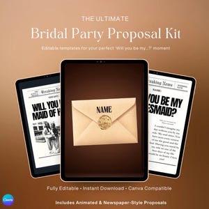 Puede incluir: Un kit digital de propuesta para la fiesta de la novia que se muestra en tres tabletas. El kit incluye plantillas editables con propuestas al estilo periódico. El texto de las tabletas dice "¿Quieres ser mi dama de honor?" y "¿Quieres ser mi dama de honor?"