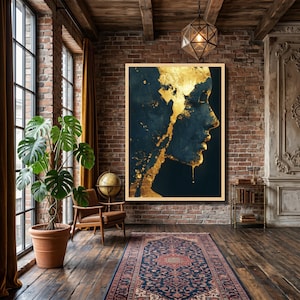 Golden Abstract Female Profile Canvas, Modern Wall Art, Dark Blue and Gold Accent, Contemporary Home Decoration, Artistic Portrait Canvas image 3