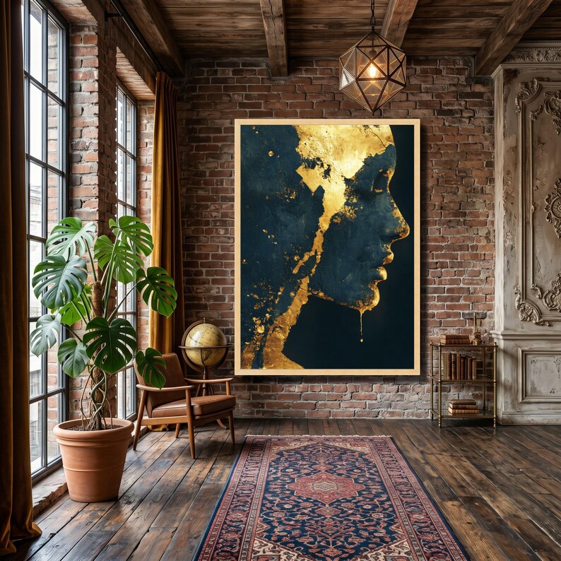 Golden Abstract Female Profile Canvas, Modern Wall Art, Dark Blue and Gold Accent, Contemporary Home Decoration, Artistic Portrait Canvas image 3