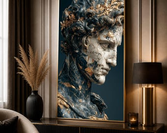 Cracked Marble Statue Face Canvas, Gold Veins Sculpture Artwork, Classic Bust Wall Art, Renaissance Style Canvas, Elegant Home Decoration
