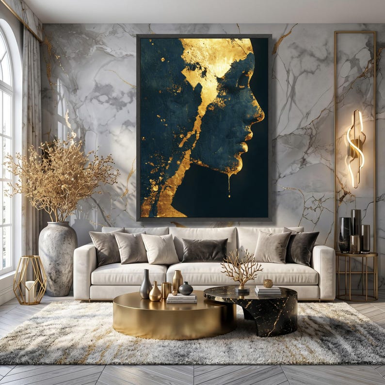 Golden Abstract Female Profile Canvas, Modern Wall Art, Dark Blue and Gold Accent, Contemporary Home Decoration, Artistic Portrait Canvas image 4