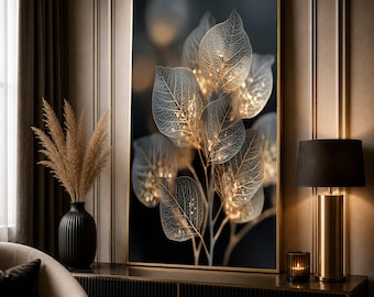 Fin kanvas med skelettblad, elegant botanisk väggkonst, ljusglödande naturtryck, modern blommig heminredning
