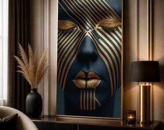 Abstract African Tribal Face Painting, Black and Gold Canvas Wall Art, Modern Ethnic Portrait, Bold Geometric Lines Decoration