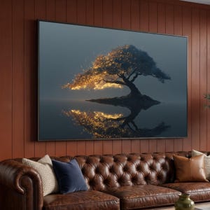 Lienzo Árbol Resplandeciente Encantado, Arte de Pared con Efecto de Luz Mágica, Lienzo Escena de Naturaleza Fantástica, Reflejo de Árbol Místico, Decoración Moderna para el Hogar