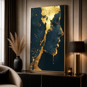 Golden Abstract Female Profile Canvas, Modern Wall Art, Dark Blue and Gold Accent, Contemporary Home Decoration, Artistic Portrait Canvas image 1