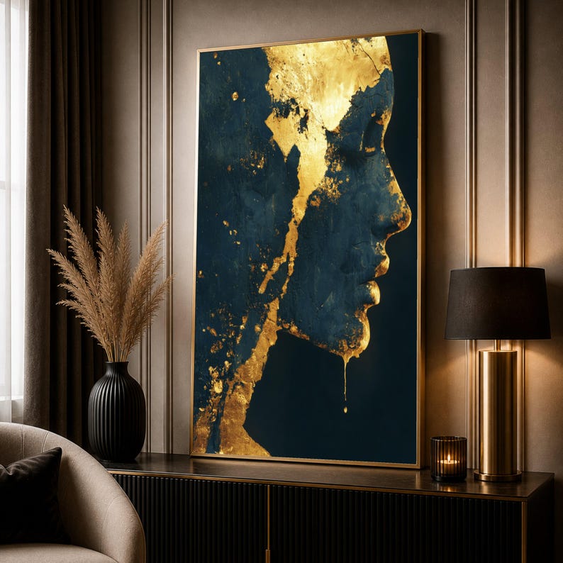 Golden Abstract Female Profile Canvas, Modern Wall Art, Dark Blue and Gold Accent, Contemporary Home Decoration, Artistic Portrait Canvas image 1