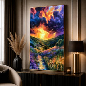 Könnte beinhalten: Ein vertikaler gerahmter Wandkunstdruck, der eine lebendige Landschaft mit einem gewundenen Pfad durch ein Feld aus violetten und orangefarbenen Wildblumen zeigt, der zu grünen Hügeln unter einem dramatischen Himmel mit dunklen Wolken führt.
