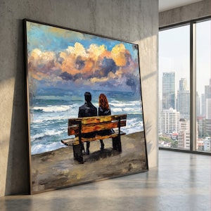 May include: An oil painting on canvas depicting two figures sitting on a wooden bench facing a turbulent ocean. The sky is filled with thick, textured clouds in shades of orange, yellow, and blue. The scene is framed in a thin, dark metal border.