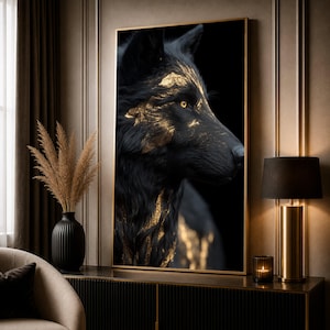 May include: A framed art print featuring a black wolf with gold accents. The wolf is depicted in profile against a black background. The artwork is displayed in a gold frame, adding a touch of elegance to the room's decor.