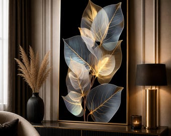Canvastavla med glödande skelettlöv, transparent lövdesign, modern botanisk tavla, elegant naturdekor, konstverk med svart bakgrund