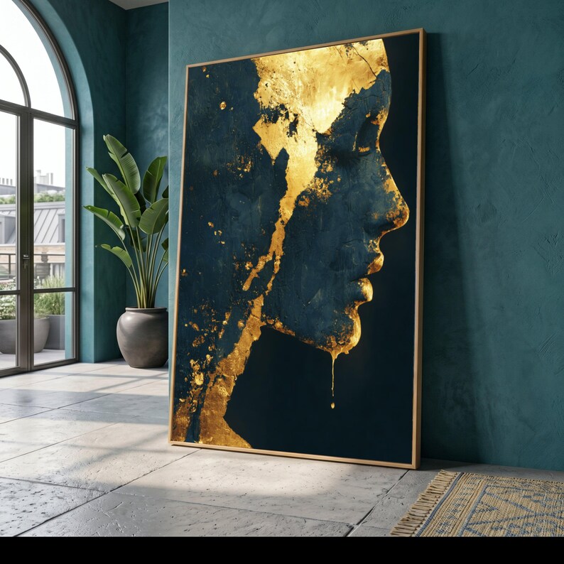 Golden Abstract Female Profile Canvas, Modern Wall Art, Dark Blue and Gold Accent, Contemporary Home Decoration, Artistic Portrait Canvas image 2