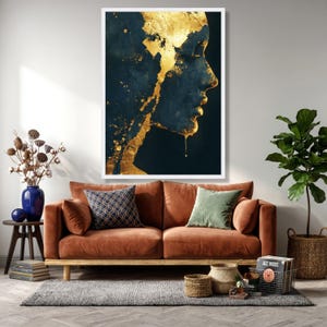 Golden Abstract Female Profile Canvas, Modern Wall Art, Dark Blue and Gold Accent, Contemporary Home Decoration, Artistic Portrait Canvas image 8