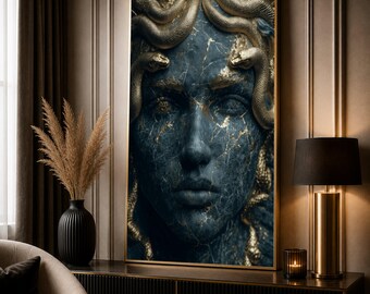 Dark Marble Medusa Portrait Canvas, Golden Snake Head Sculpture Wall Art, Mythological Decor, Dramatic Face Close-Up Canvas Decoration