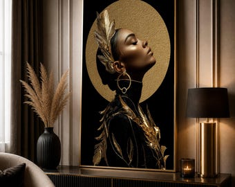 Elegant Woman Profile Canvas, Gold Feather Crown Wall Art, Black and Gold Portrait Canvas, Modern Glamour Decoration, Luxury Home Canvas