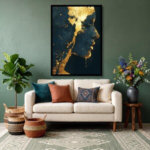 Golden Abstract Female Profile Canvas, Modern Wall Art, Dark Blue and Gold Accent, Contemporary Home Decoration, Artistic Portrait Canvas image 6