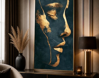 Elegant Female Profile Canvas, Gold and Black Wall Art, Modern Abstract Face Decoration, Contemporary Portrait Canvas, Home Accent Art