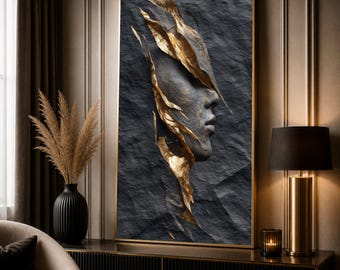 Abstract Female Profile Canvas, Black and Gold Wall Art, Contemporary Face Silhouette Decor, Modern Sculpture Canvas, Elegant Home