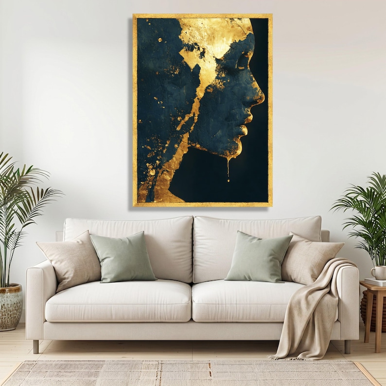Golden Abstract Female Profile Canvas, Modern Wall Art, Dark Blue and Gold Accent, Contemporary Home Decoration, Artistic Portrait Canvas image 5