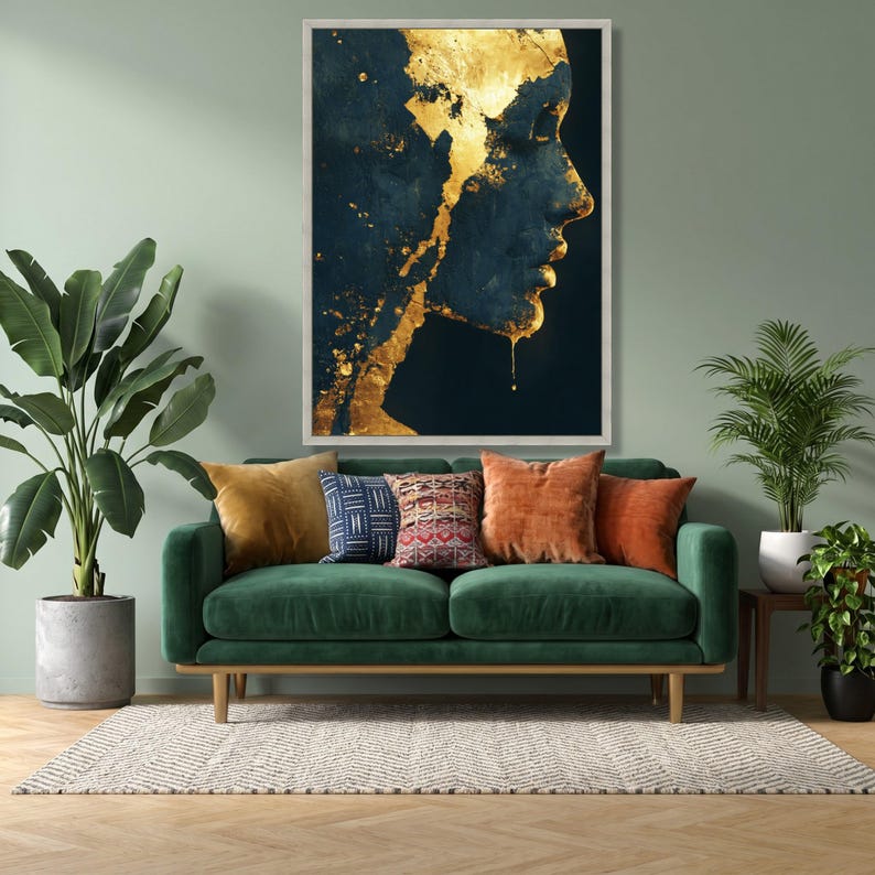 Golden Abstract Female Profile Canvas, Modern Wall Art, Dark Blue and Gold Accent, Contemporary Home Decoration, Artistic Portrait Canvas image 7