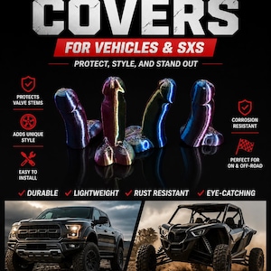 Puede incluir: Imagen que presenta cubiertas de vástago de válvula coloridas para vehículos y SXS. Las cubiertas se muestran en varios colores iridiscentes, con el texto "VALVE STEM COVERS" en la parte superior. La imagen también incluye una camioneta negra y un vehículo SXS negro.