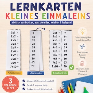 May include: Educational flashcards for multiplication tables featuring the text LERNKARTEN KLEINES EINMALEINS. The cards show math problems like 7x1=7, with a fold-over design for self-checking. Includes icons for printing, cutting, and folding.