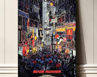May include: A vertical poster featuring a dark, rainy futuristic cityscape with neon signs including Toshiba and Atari. The scene depicts a crowded street with many umbrellas under tall buildings. The text Blade Runner is printed in red at the bottom.
