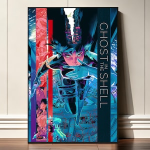 May include: A vertical rectangular poster featuring Ghost in the Shell artwork with a central character in blue and purple tones, surrounded by red and blue vertical panels, a city skyline, and mechanical elements, with the text GHOST IN THE SHELL.