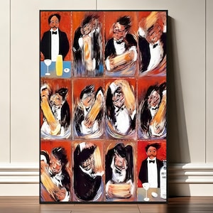 Peut inclure: Une impression murale rectangulaire présentant une grille de douze panneaux représentant un barman en smoking. Les panneaux en haut à gauche et en bas à droite montrent une silhouette claire, tandis que les autres montrent des mouvements abstraits et flous.