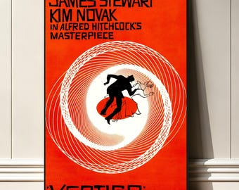 May include: A rectangular movie poster for Vertigo with a vibrant orange background. The text reads James Stewart, Kim Novak, in Alfred Hitchcock's Masterpiece, and Vertigo. A white spiral graphic surrounds a black silhouette of two figures.