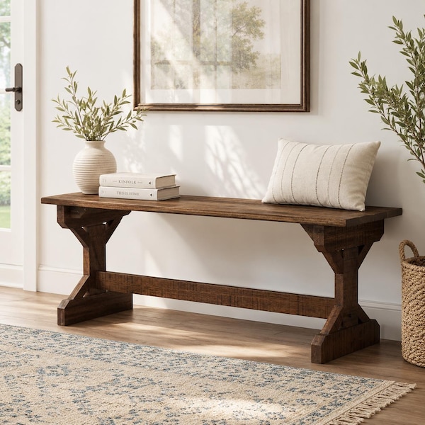 Meranti Wood Bench | Farmhouse Entryway Seat, Rustic Walnut Stain (46 Inch)