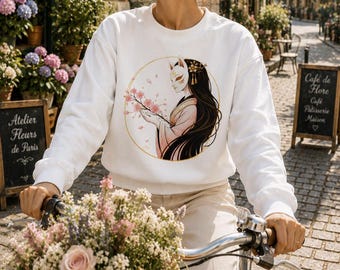 Sakura Spirit Sweatshirt, White Crewneck Sweatshirt, Cherry Blossom Sweatshirt, Kitsune Maiden Clothing, Japanese Inspired Apparel