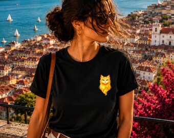 Golden Cat T-Shirt Black, Bella Canvas 3001 Tee, Cat Spirit Shirt, Japanese Inspired Minimalist Graphic