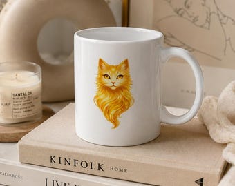 Mini Golden Cat Mug White, Cat Coffee Cup, Spirit Animal Mug, Mystical Cat Mug, Japanese Inspired Mug, 11oz Gift Mug