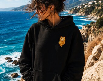 Mini Golden Cat Hoodie, Black Unisex Hoodie, Cat Spirit Hoodie, Mystical Animal Hoodie, Fantasy Graphic Hoodie, Japanese Inspired Hoodie