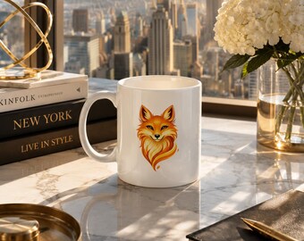 Mini Golden Fox Mug, White Ceramic Mug, Fox Coffee Cup, Spirit Animal Mug, Mystical Fox Mug, Japanese Inspired Mug, 11oz Gift Mug