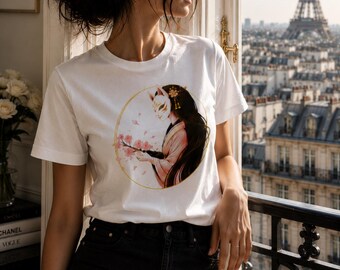 Sakura Spirit T-Shirt, Women's Cherry Blossom Tee, Kitsune Maiden Shirt, Japanese Inspired Shirt, Floral Fantasy Tee, Soft Aesthetic Apparel