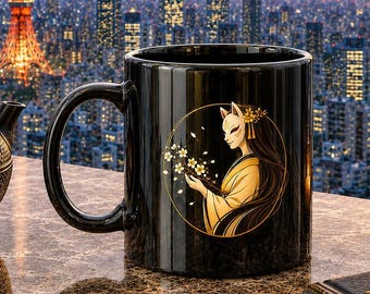 Japanese Coffee Mug, Kitsune Fox Mug, Japanese Gift for Him, Japanese Art Gift, Unique Japanese Mug