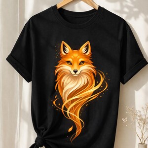 Black unisex graphic T-shirt featuring a large golden fox design with flowing luminous lines on the front.