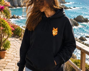 Mini Golden Fox Hoodie, Small Chest Print, Black Unisex Hoodie, Fox Spirit Hoodie, Mystical Animal Design, Fantasy Gift