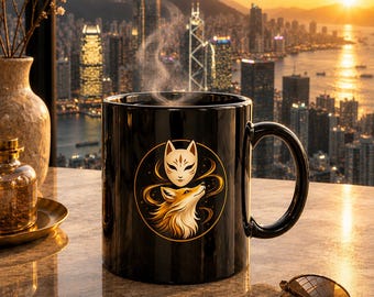 Kitsune Fox Spirit Mug, Black Ceramic Mug, Golden Fox Companion Cup, Japanese Mystical Mug, Luxury Gift Mug, 11oz Coffee Cup