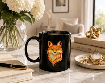 Mini Golden Fox Black Mug, Black Ceramic Mug, Fox Coffee Cup, Spirit Animal Mug, Mystical Fox Mug, Japanese Inspired Mug, 11oz Gift Mug