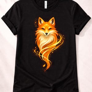 Front view of a black unisex T-shirt with a bold golden fox graphic and luminous flowing orange details.