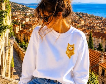 Mini Golden Cat Sweatshirt, White Unisex Crewneck, Cat Spirit Sweatshirt, Fantasy Animal Apparel, Japanese Inspired Gift